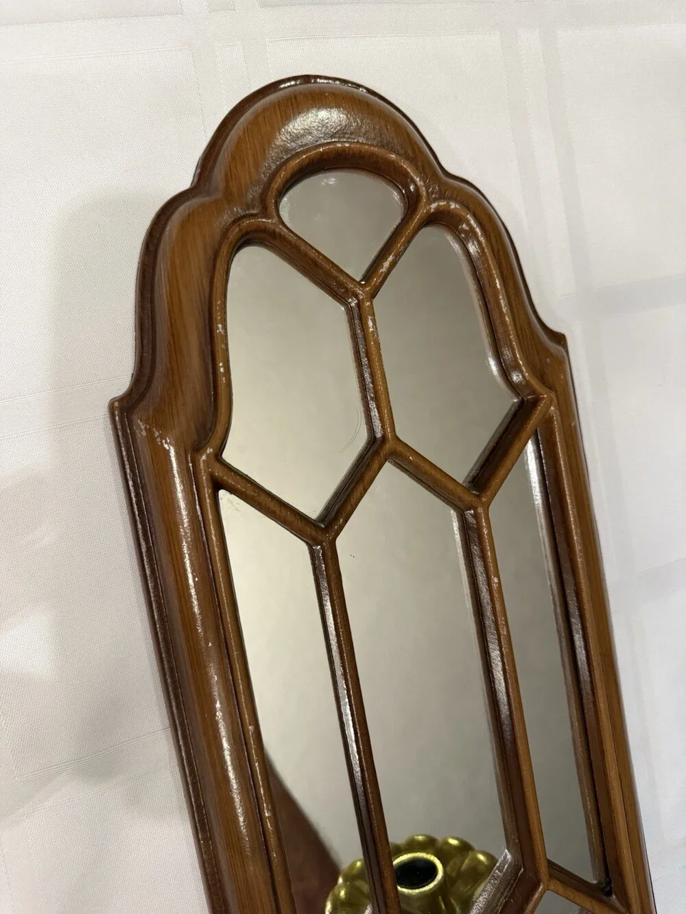 Vintage MCM Metal Mirrored Candle Wall Sconces Faux Wood Sexton HODA Pair